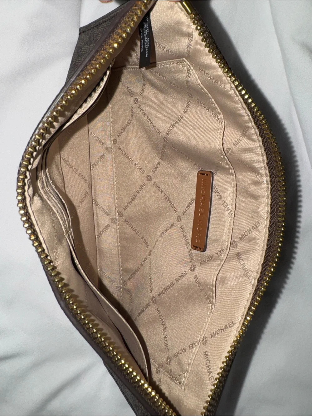 Michael Kors Brown MK Logo Wristlet Pouch with Tan Strap
